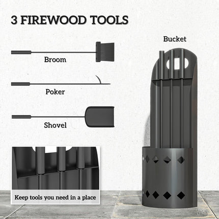4 Pieces Fireplace Companion Set, Metal Fireplace Accessories Fireside Companion Set with Broom, Shovel, Poker, Bucket, Black