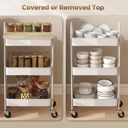 3-Tier Kitchen Storage Trolley with on Wheels Cover Top Board - White and Oak