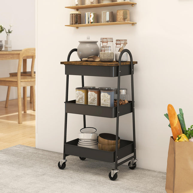 3-Tier Kitchen Storage Trolley with on Wheels Cover Top Board - Rustic Brown and Black