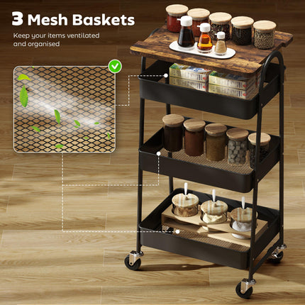 3-Tier Kitchen Storage Trolley with on Wheels Cover Top Board - Rustic Brown and Black