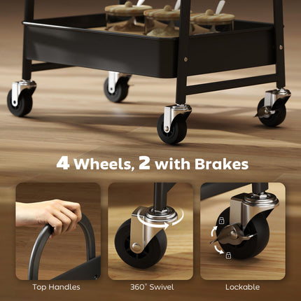 3-Tier Kitchen Storage Trolley with on Wheels Cover Top Board - Rustic Brown and Black