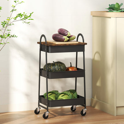 3-Tier Kitchen Storage Trolley with on Wheels Cover Top Board - Rustic Brown and Black
