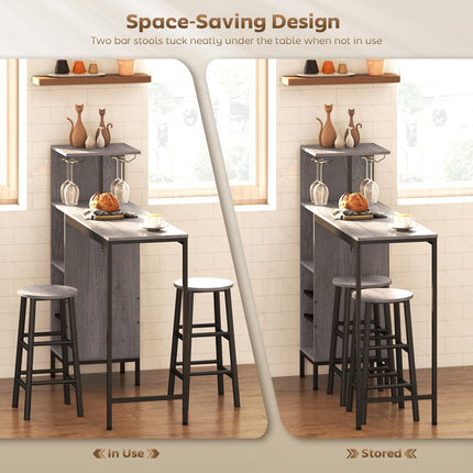 3 Pieces Dining Room Set, 2 Round Stools with Footrest, 6-Tier Dining Table with Storage Shelves, Natural