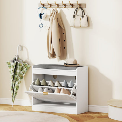 Shoe Storage with Seat, Upholstered Entryway Bench, Shoe Bench with 1 Flip Drawer and 4 Vents for 5 Pairs of Shoes