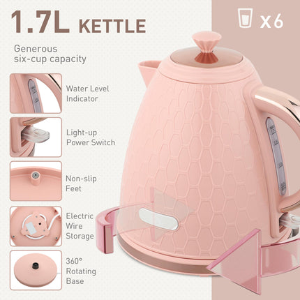 Kettle and Toaster Set, 1.7L 3000W Fast Boil Jug Kettle, 4 Slice Toaster with 7 Level Browning Controls, Light Pink