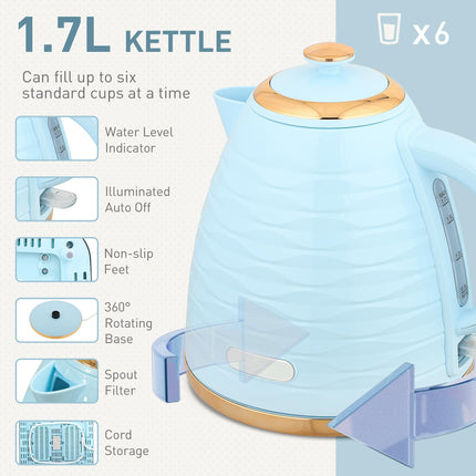 3000W 1.7L Kettle & 4 Slice Toaster, Kettle and Toaster Set with 7 Browning Controls and Crumb Tray, Light Blue