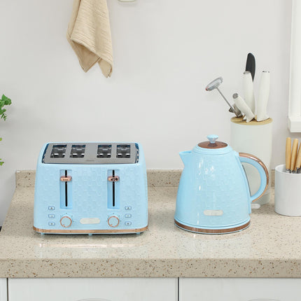 Kettle and Toaster Set, 1.7L 3000W Fast Boil Jug Kettle, 4 Slice Toaster with 7 Level Browning Controls, Light Blue