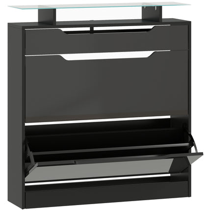 Shoe Storage Cabinet with Slide Out Drawer, 2 Flip Doors, Tempered Glass Top - Black