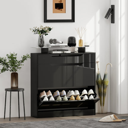 Shoe Storage Cabinet with Slide Out Drawer, 2 Flip Doors, Tempered Glass Top - Black