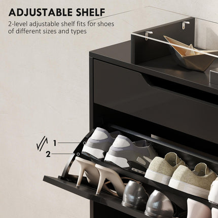 Shoe Storage Cabinet with Slide Out Drawer, 2 Flip Doors, Tempered Glass Top - Black