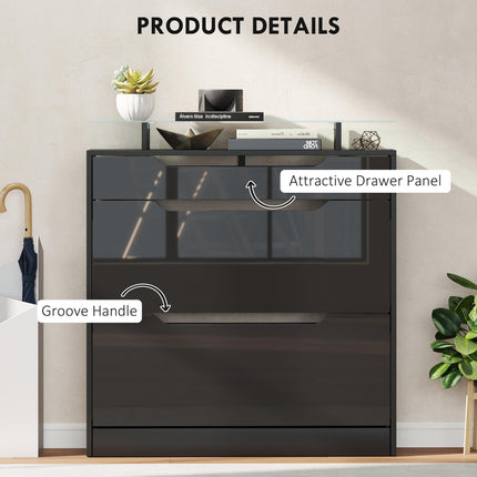 Shoe Storage Cabinet with Slide Out Drawer, 2 Flip Doors, Tempered Glass Top - Black