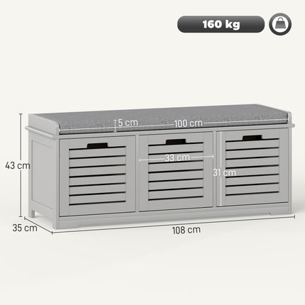 3-Drawer Shoe Storage Bench - Grey