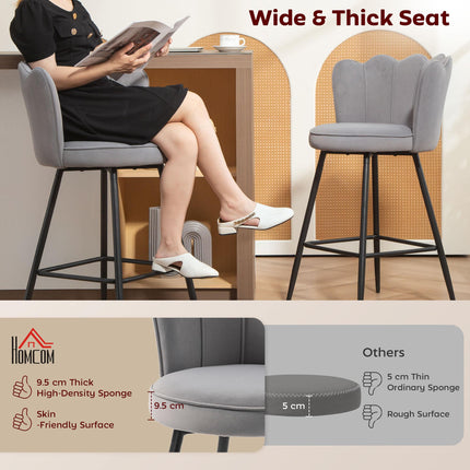 Set of Two Velvet-Feel Lotus Bar Stools - Grey
