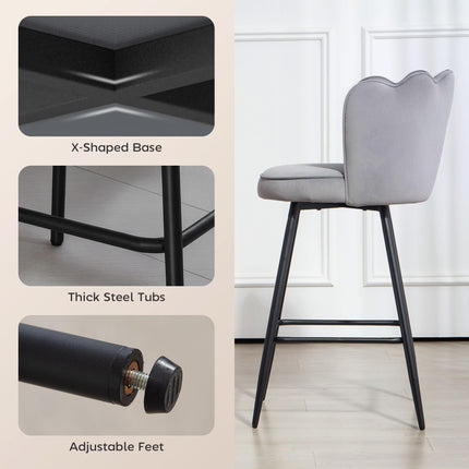 Set of Two Velvet-Feel Lotus Bar Stools - Grey