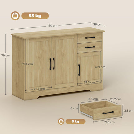Sideboard with 2 Drawers Modern Storage Cabinet, Kitchen Cupboard with Adjustable Shelf and 3 Doors Natural