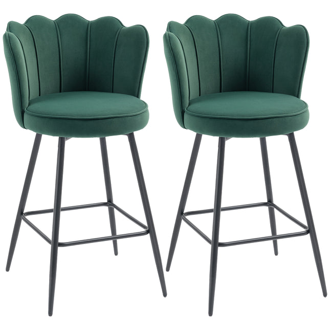 Set of Two Velvet-Feel Lotus Bar Stools - Dark Green