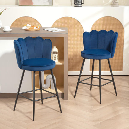 Set of Two Velvet-Feel Lotus Bar Stools - Dark Blue