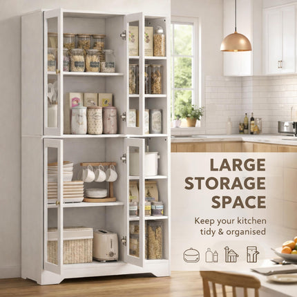 Multi-Storage Kitchen Cabinet, with Glass Doors - White Wood-Effect