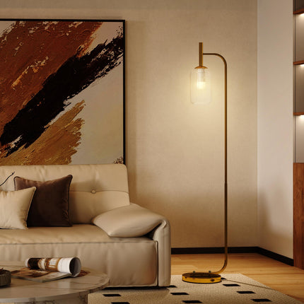 LED Floor Lamp for Living Room with Glass Lampshade, Modern Standing Lamp with Foot Switch, Adjustable Brightness, 2700K for Bedroom, Gold Tone