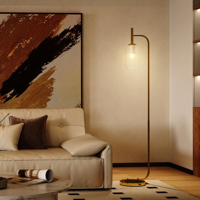 LED Floor Lamp for Living Room with Glass Lampshade, Modern Standing Lamp with Foot Switch, Adjustable Brightness, 2700K for Bedroom, Gold Tone