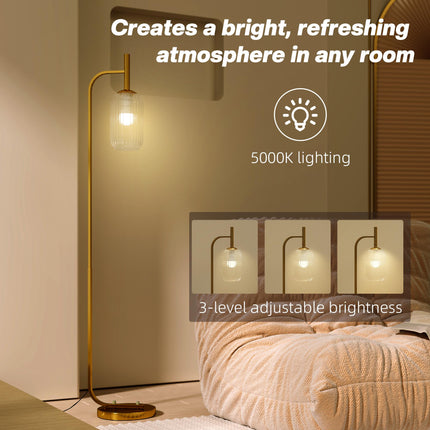 LED Floor Lamp for Living Room with Glass Lampshade, Modern Standing Lamp with Foot Switch, Adjustable Brightness, 2700K for Bedroom, Gold Tone