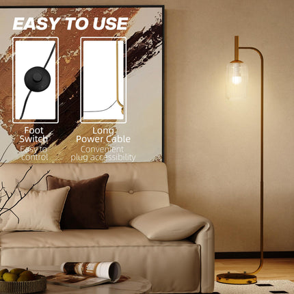 LED Floor Lamp for Living Room with Glass Lampshade, Modern Standing Lamp with Foot Switch, Adjustable Brightness, 2700K for Bedroom, Gold Tone