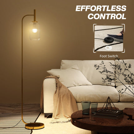 LED Floor Lamp for Living Room with Glass Lampshade, Modern Standing Lamp with Foot Switch, Adjustable Brightness, 2700K for Bedroom, Gold Tone