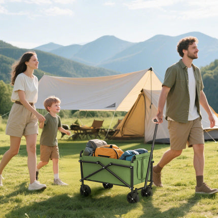 62L Festival Trolley on Wheels, Portable Small Folding Trolley Cart, 60kg Heavy Duty Collapsible Foldable Wagon with Adjustable Handle and Carrying Bag for Beach, Camping, Garden, Green