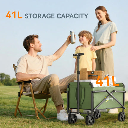 62L Festival Trolley on Wheels, Portable Small Folding Trolley Cart, 60kg Heavy Duty Collapsible Foldable Wagon with Adjustable Handle and Carrying Bag for Beach, Camping, Garden, Green