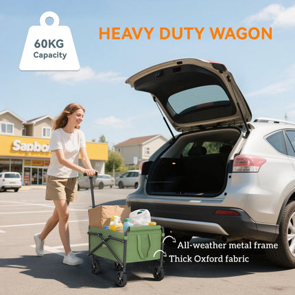 62L Festival Trolley on Wheels, Portable Small Folding Trolley Cart, 60kg Heavy Duty Collapsible Foldable Wagon with Adjustable Handle and Carrying Bag for Beach, Camping, Garden, Green