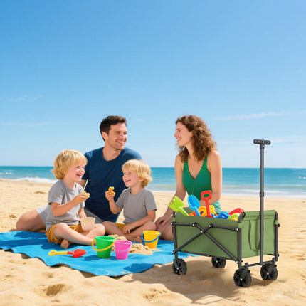 62L Festival Trolley on Wheels, Portable Small Folding Trolley Cart, 60kg Heavy Duty Collapsible Foldable Wagon with Adjustable Handle and Carrying Bag for Beach, Camping, Garden, Green