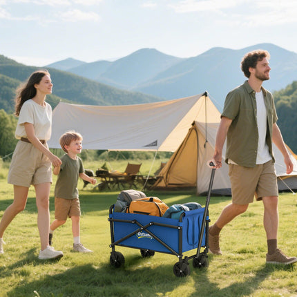 62L Festival Trolley on Wheels, Portable Small Folding Trolley Cart, 60kg Heavy Duty Collapsible Foldable Wagon with Adjustable Handle and Carrying Bag for Beach, Camping, Garden, Blue
