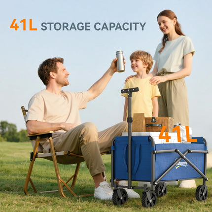 62L Festival Trolley on Wheels, Portable Small Folding Trolley Cart, 60kg Heavy Duty Collapsible Foldable Wagon with Adjustable Handle and Carrying Bag for Beach, Camping, Garden, Blue