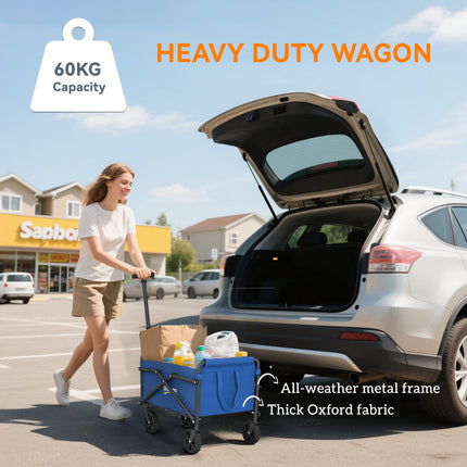 62L Festival Trolley on Wheels, Portable Small Folding Trolley Cart, 60kg Heavy Duty Collapsible Foldable Wagon with Adjustable Handle and Carrying Bag for Beach, Camping, Garden, Blue