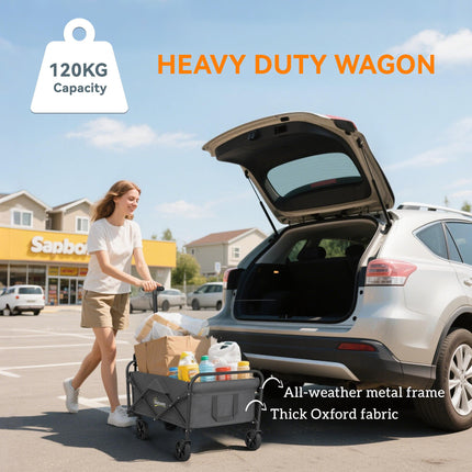 93L Festival Trolley on Wheels, Garden Folding Trolley Cart, 120kg Heavy Duty Collapsible Folding Wagon with Adjustable Handle and Carrying Bag for Beach, Camping, Festival, Grey
