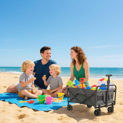 93L Festival Trolley on Wheels, Garden Folding Trolley Cart, 120kg Heavy Duty Collapsible Folding Wagon with Adjustable Handle and Carrying Bag for Beach, Camping, Festival, Grey