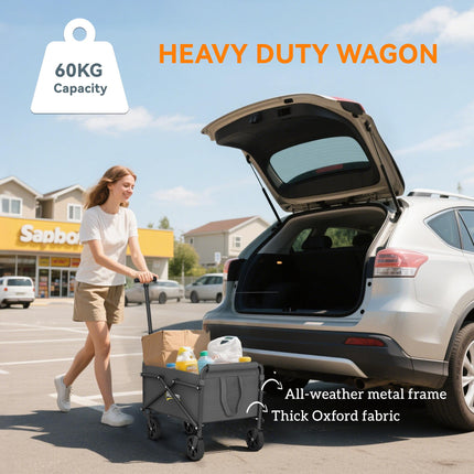 62L Festival Trolley on Wheels, Portable Small Folding Trolley Cart, 60kg Heavy Duty Collapsible Foldable Wagon with Adjustable Handle and Carrying Bag for Beach, Camping, Garden, Grey