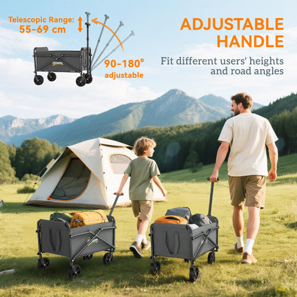 62L Festival Trolley on Wheels, Portable Small Folding Trolley Cart, 60kg Heavy Duty Collapsible Foldable Wagon with Adjustable Handle and Carrying Bag for Beach, Camping, Garden, Grey