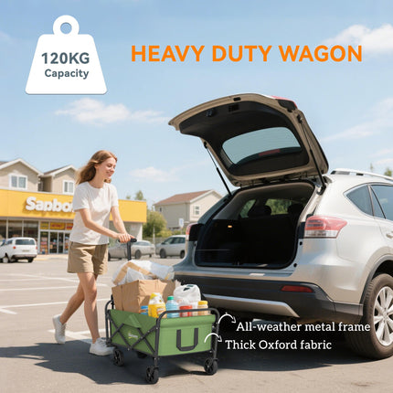 93L Festival Trolley on Wheels, Garden Folding Trolley Cart, 120kg Heavy Duty Collapsible Folding Wagon with Adjustable Handle and Carrying Bag for Beach, Camping, Festival, Green
