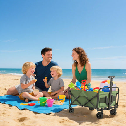 93L Festival Trolley on Wheels, Garden Folding Trolley Cart, 120kg Heavy Duty Collapsible Folding Wagon with Adjustable Handle and Carrying Bag for Beach, Camping, Festival, Green