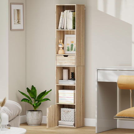 6-Tier Bookcase, Tall Narrow Bookshelf with Drawer and Door - Natural Wood Finish