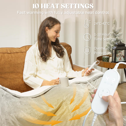 Heated Blanket 180 x 130cm, Electric Throw Blanket with 10 Heat Levels and 10H T