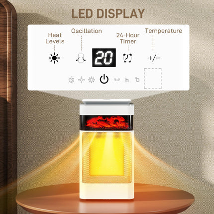 Ceramic Electric Heater, 1500W Fan Space Heater with 3 Modes, 24H Timer, Flame Effect, Oscillation for Bedroom, White