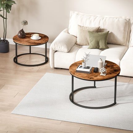 Coffee Table Set of 2, Round Nest of Tables with Metal Frame, Modern Side Tables for Living Room, Rustic Brown