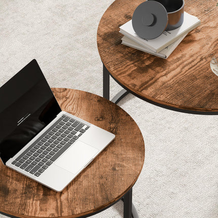 Coffee Table Set of 2, Round Nest of Tables with Metal Frame, Modern Side Tables for Living Room, Rustic Brown