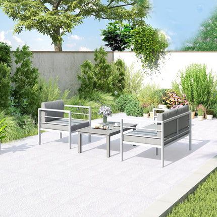 4 Piece Garden Furniture Set, 4 Seater Aluminium Garden Sofa Set with 2 Armchair