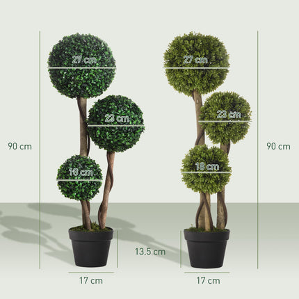 Decorative Artificial Plants Set of 2, Boxwood Ball Topiary Trees in Pot Fake Plants for Home Indoor Outdoor Decor, 90 cm, Dark Green