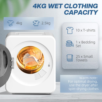 4 kg Vented Tumble Dryer, 800W Compact Freestanding Front Tumble Dryer with Stainless Steel Tub and Customisable Timer, Wall-Mounted Portable Small Clothes Drying Machine, White