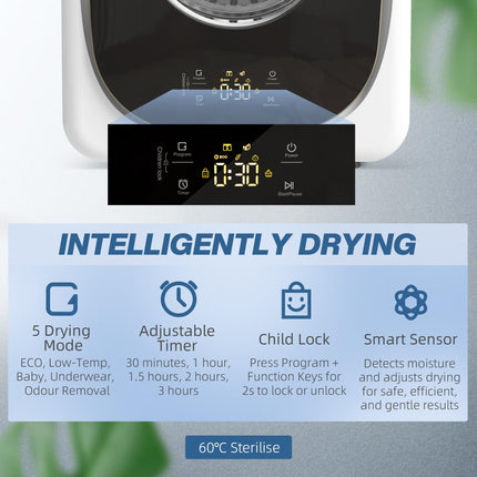 4kg Vented Tumble Dryer, 800W Compact Freestanding Front Tumble Dryer with 5 Drying Mode, Smart Sensor, Timer and Stainless Steel Tub, Wall-Mounted Portable Small Clothes Drying Machine, White