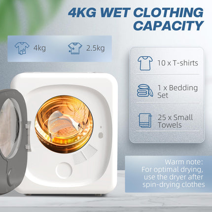 4kg Vented Tumble Dryer, 800W Compact Freestanding Front Tumble Dryer with 5 Drying Mode, Smart Sensor, Timer and Stainless Steel Tub, Wall-Mounted Portable Small Clothes Drying Machine, White